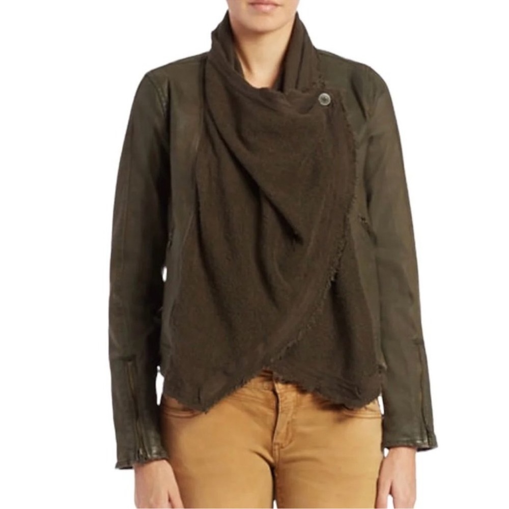 Free People Drape Front Coated Denim Moto Jacket | Olive/Green | Size 10 - Picture 3 of 14